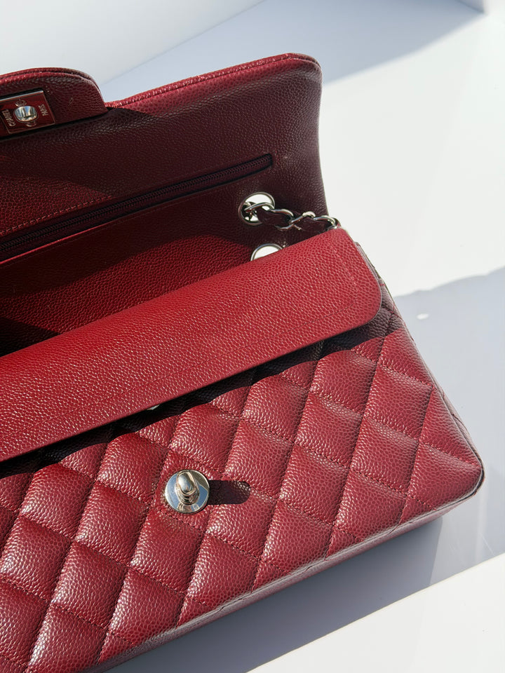 Chanel Small Classic Double Flap Caviar Burgundy Silver Hardware 2020