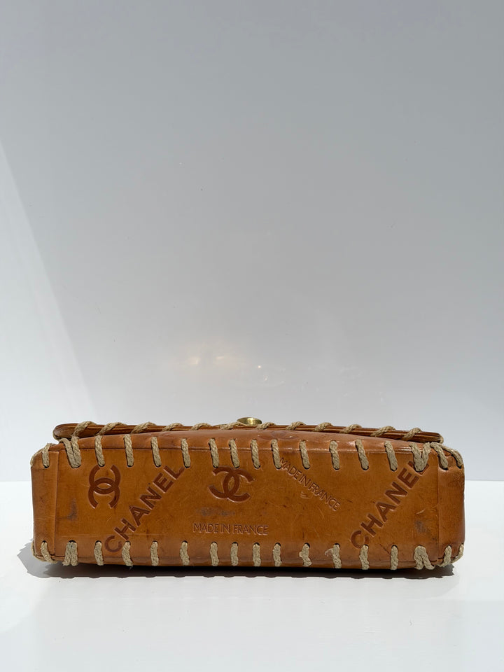 Chanel Half Flap Bag Tan Debossed Logo Calfskin Whipstitched Gold Hardware 1994