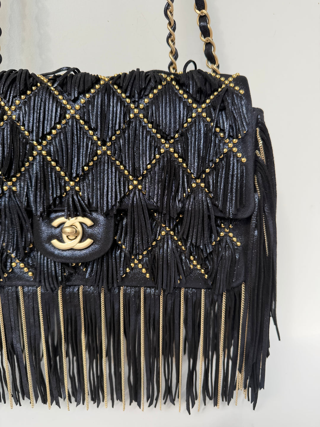 Chanel Paris-Dallas Medium Fringe Flap Bag Black Iridescent Leather Brushed Gold Tone Hardware 2014