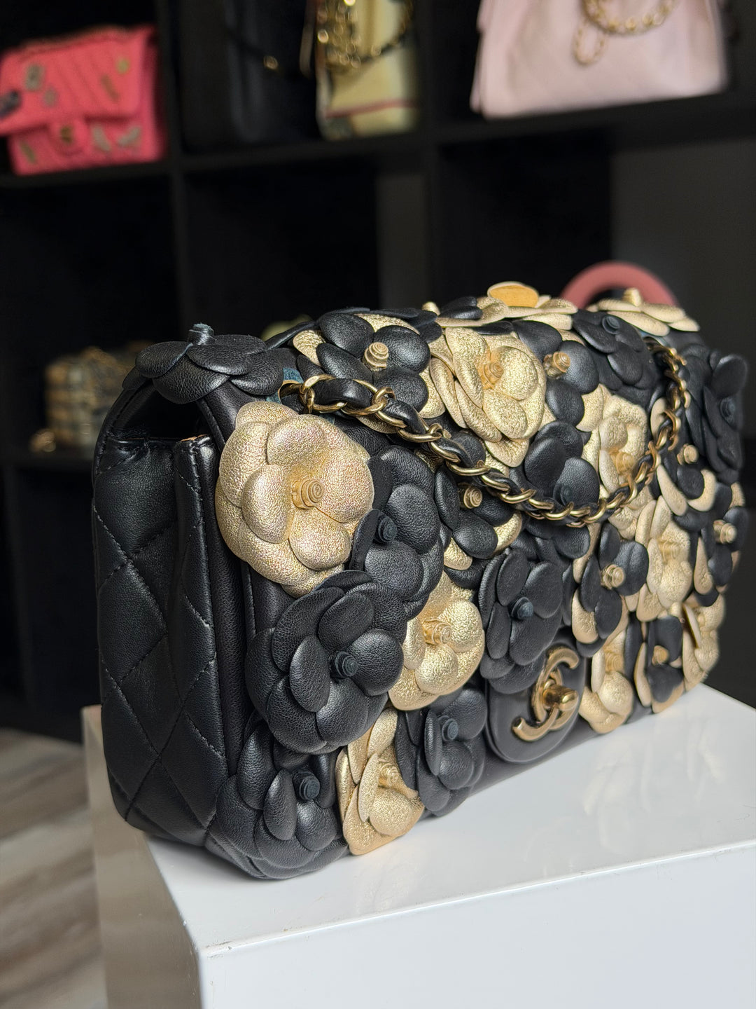 Chanel Metallic Gold and Black Lambskin Camellia Rose Appliqué Medium Flap Bag