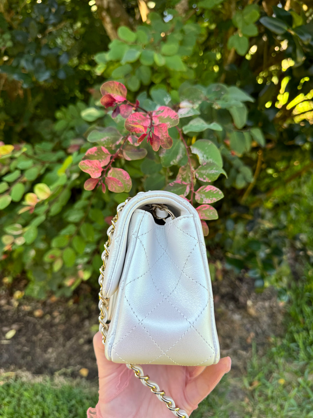 Chanel 21S White Iridescent Calfskin Mini Flap Bag