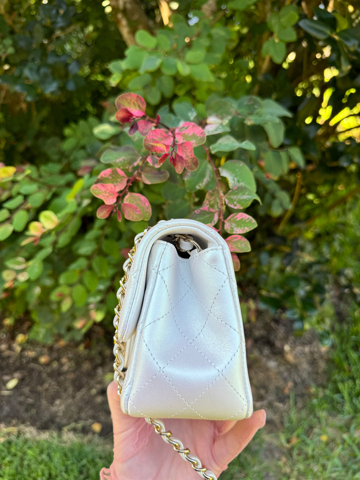 Chanel 21S White Iridescent Calfskin Mini Flap Bag