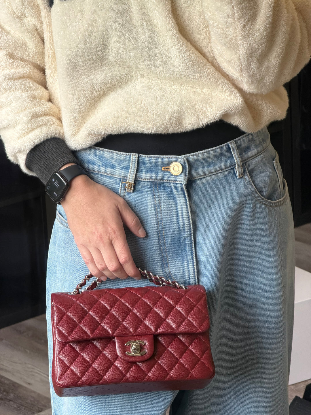 Chanel Small Classic Double Flap Caviar Burgundy Silver Hardware 2020