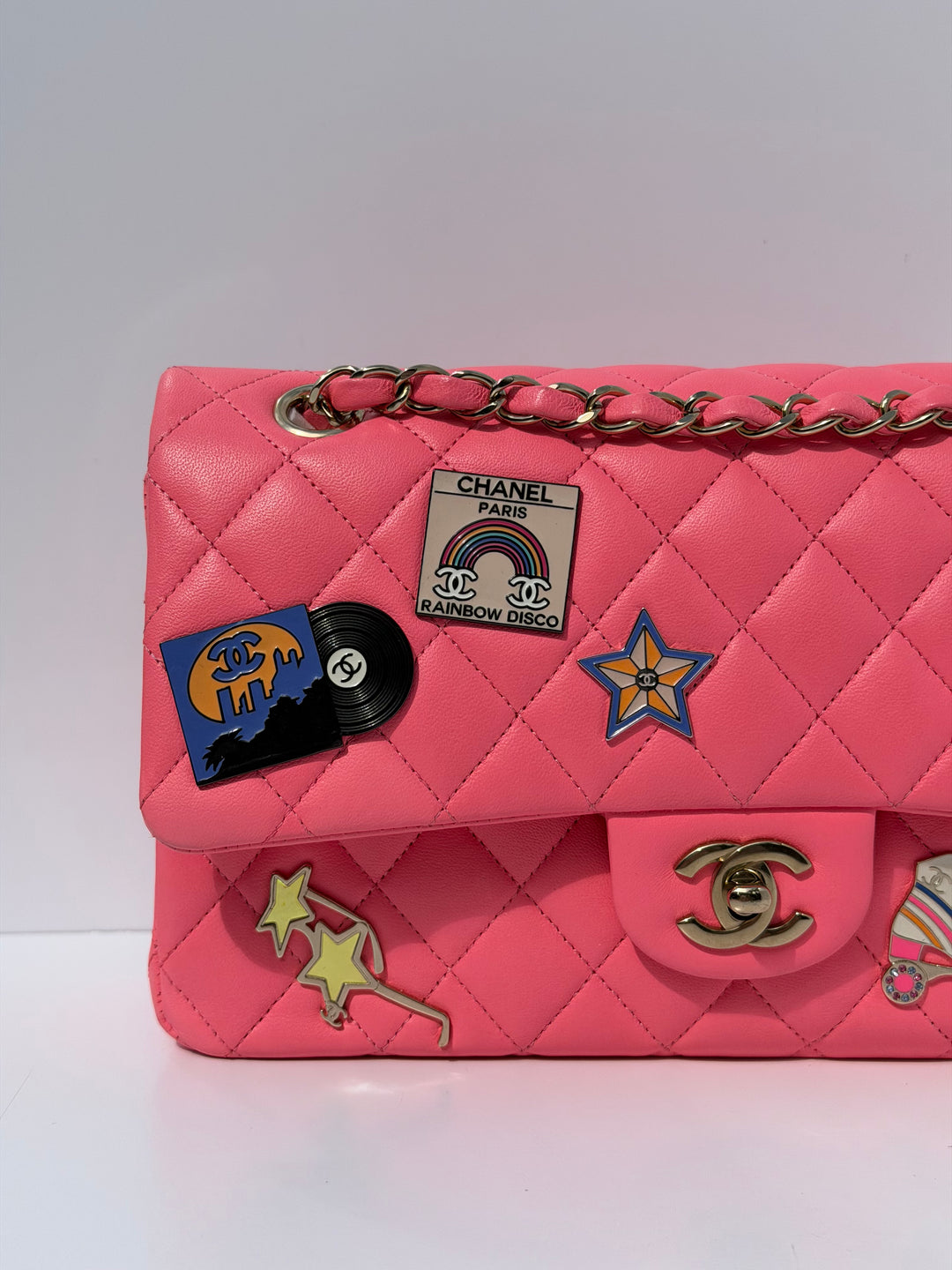Chanel Medium Hollywood Charms Classic Flap Bag Pink Lambskin Light Gold Hardware 2024