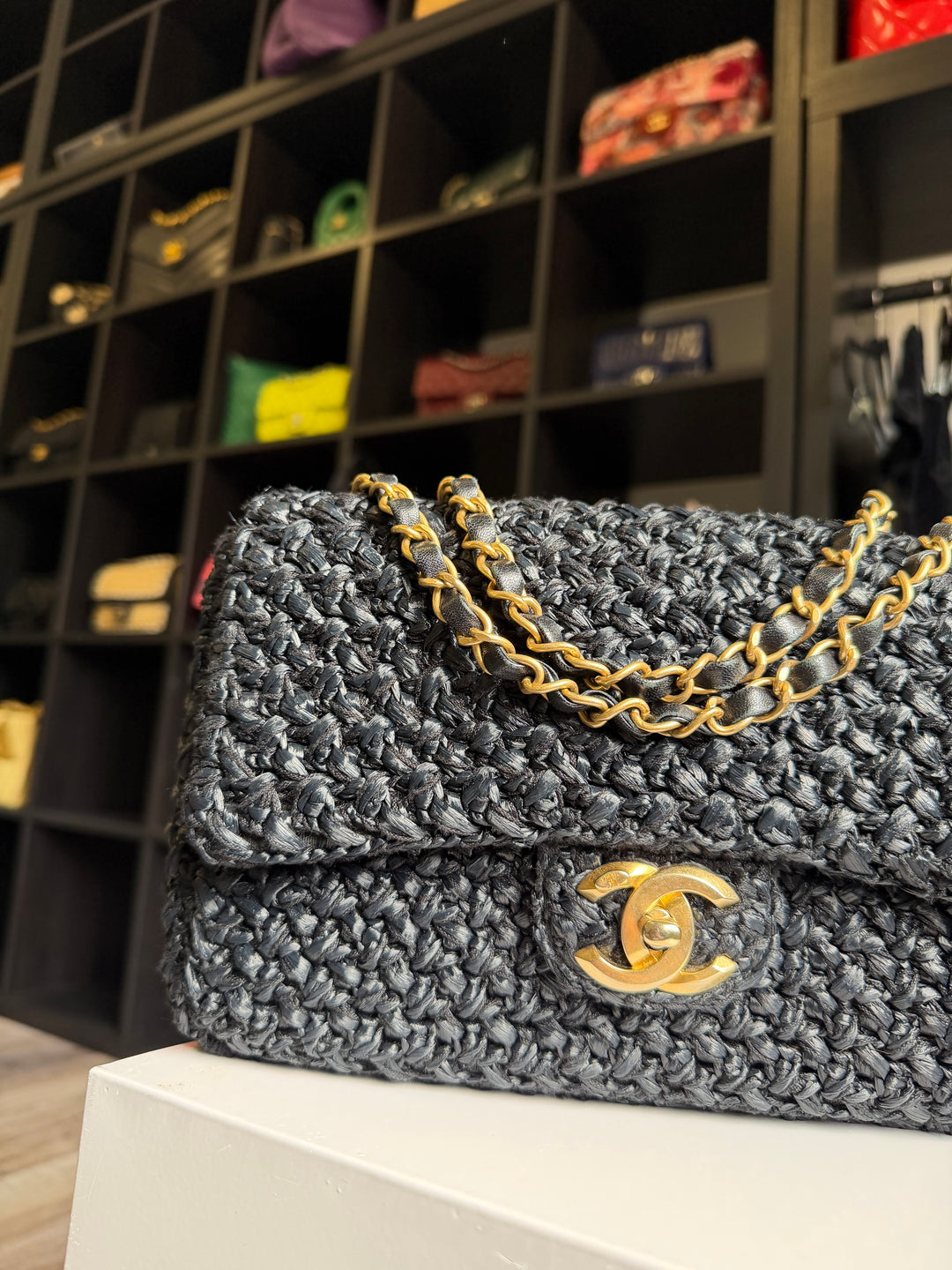 Chanel 18C Black Ancient Greece Raffia Crochet Flap Bag