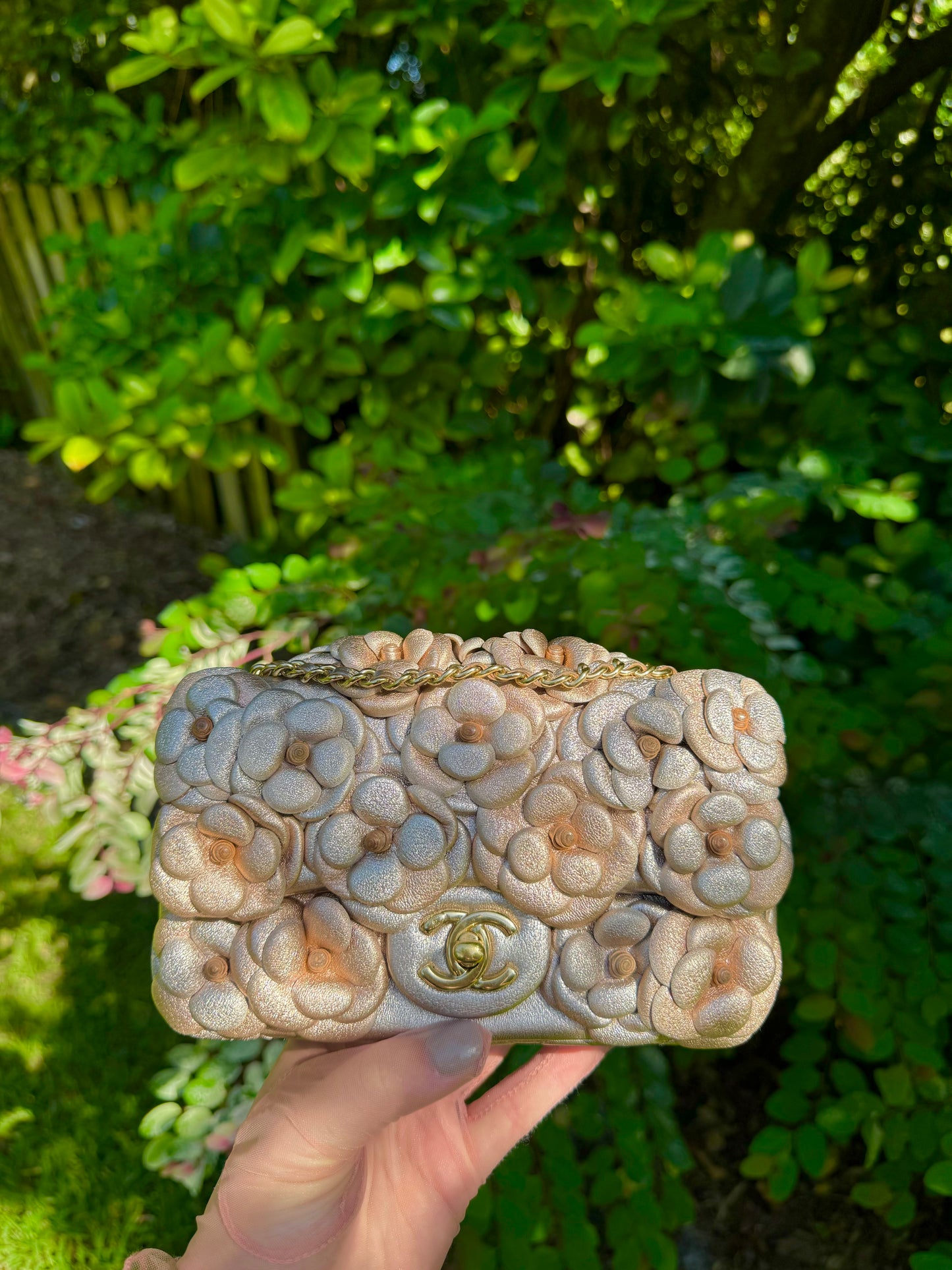 Chanel Metallic Pink and Rose Gold Lambskin Camellia Rose Appliqué Mini Flap Bag