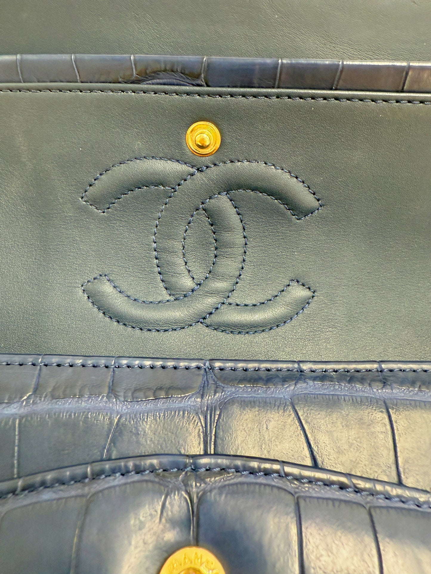 Chanel Navy Blue Matte Alligator Medium Classic Flap Bag