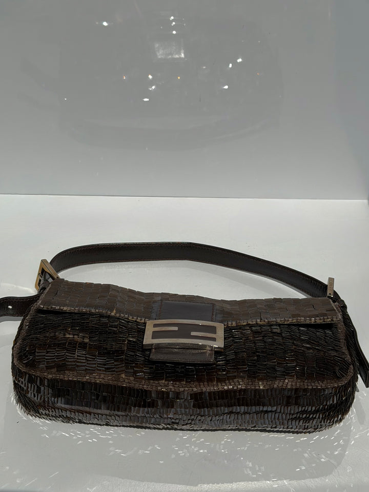 Fendi Brown Sequin Zucca FF Baguette Silver Hardware