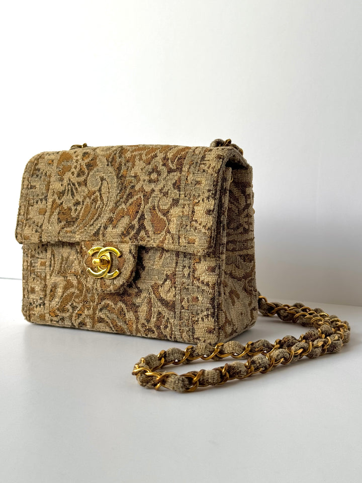 Chanel 1991 Bronze Metallic Brocade Vintage Mini Square Flap Bag