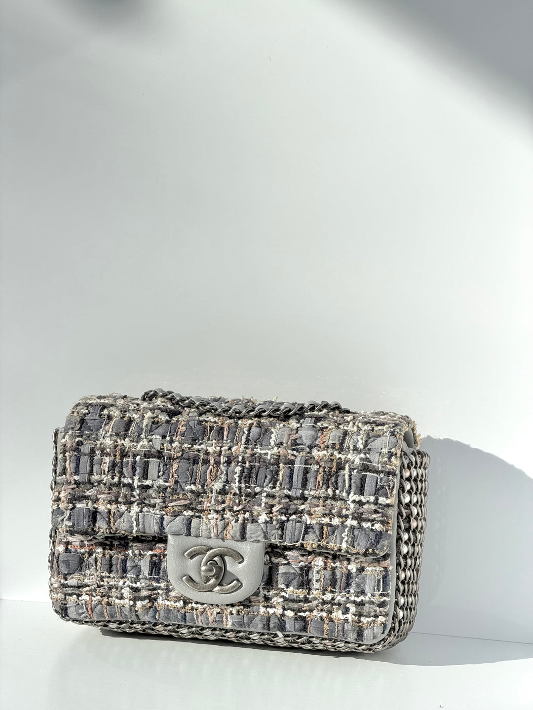 Chanel River of Pearls Mini Flap Quilted Tweed Grey Aged Silver Hardware
