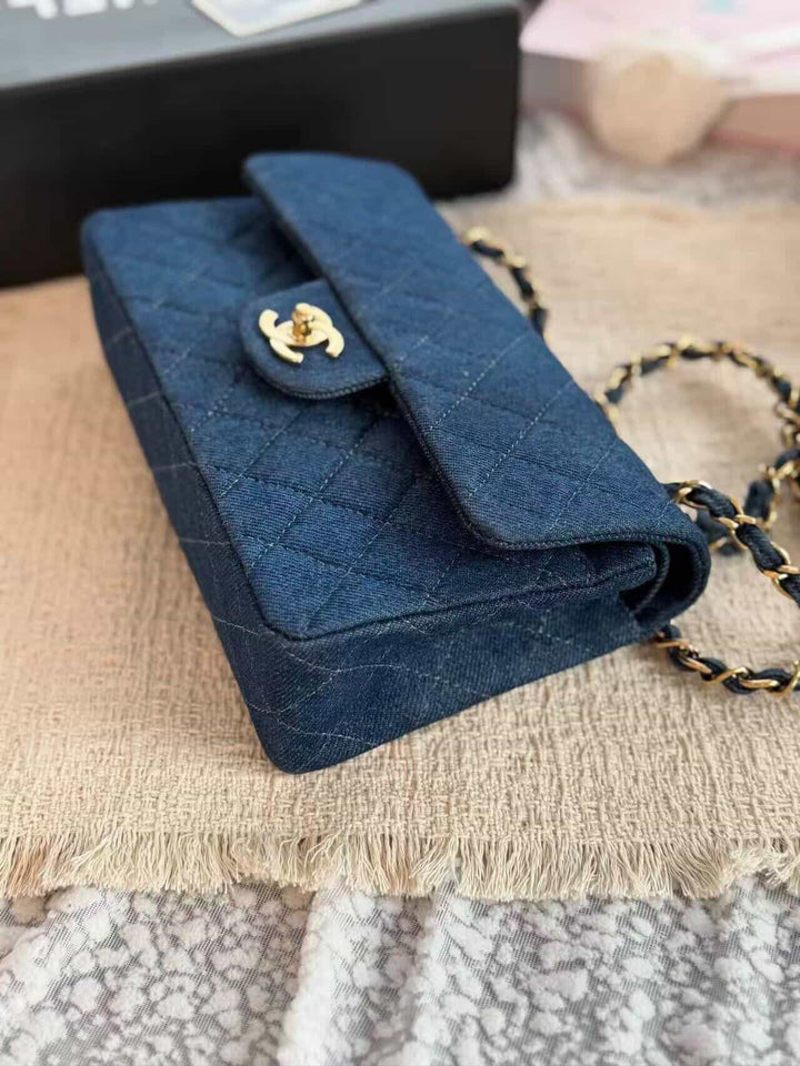 Chanel Small Classic Flap Bag Denim Blue 24K Plated Gold Hardware 1997