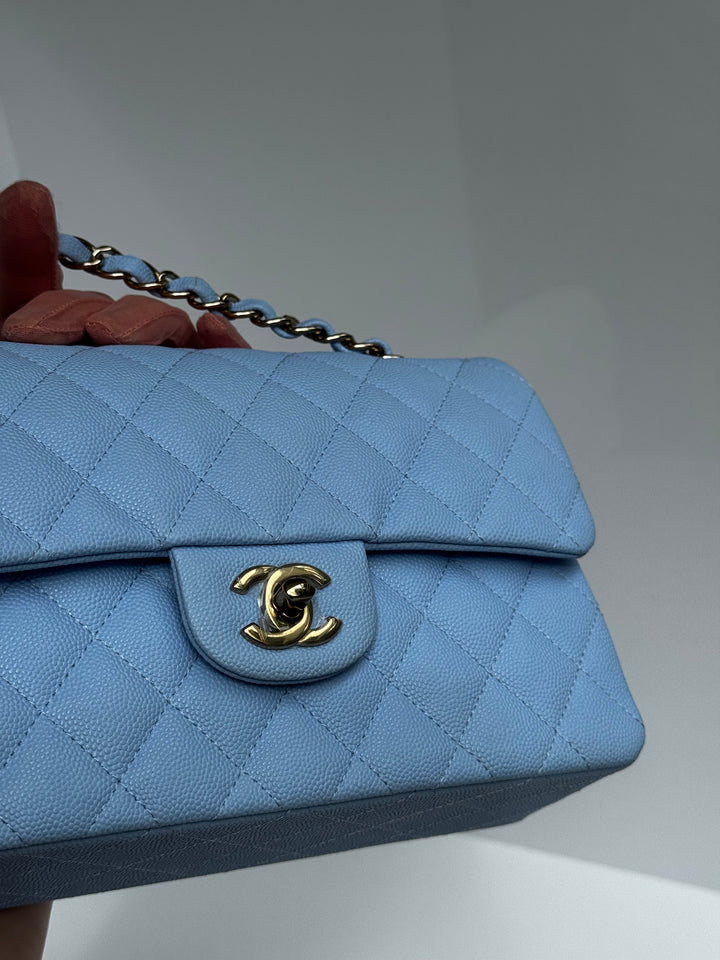 Chanel Small Classic Double Flap Caviar Light Blue Light Gold Hardware 2023