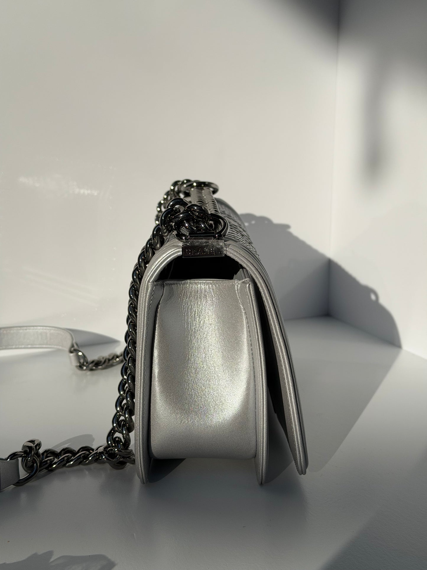 Chanel 16K Silver Python Old Medium Boy Bag