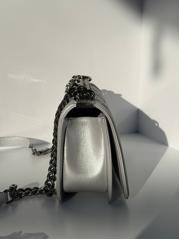Chanel 16K Silver Python Old Medium Boy Bag