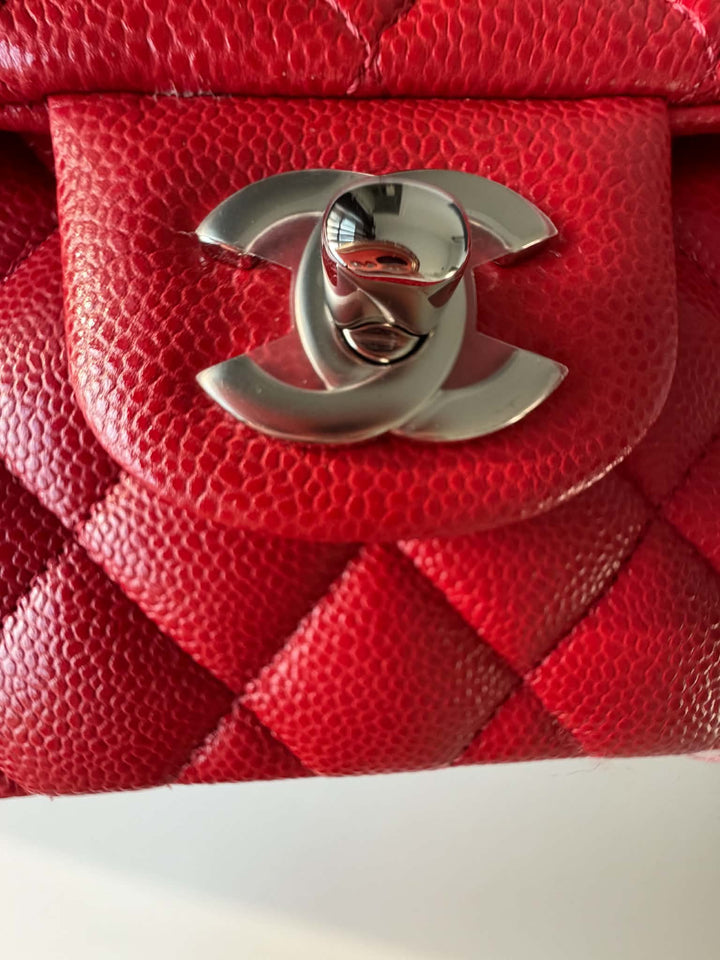 Chanel Small Classic Double Flap Caviar Red Silver Hardware 2020
