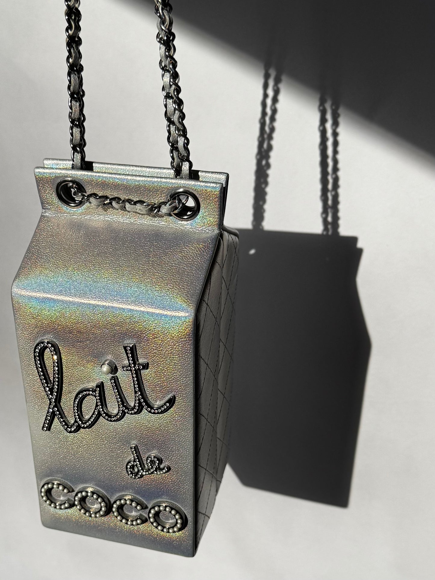 Chanel Runway Iridescent Silver Lambskin Lait De Coco Milk Carton Bag