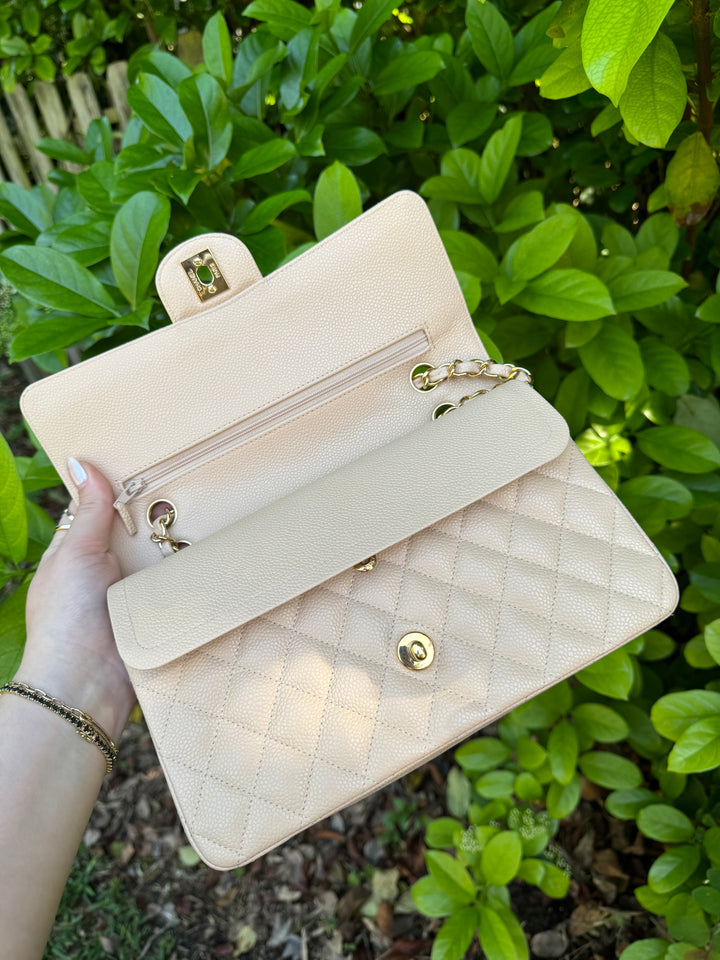 Chanel 2008 Beige Claire Medium Caviar Classic Flap W 24K GHW