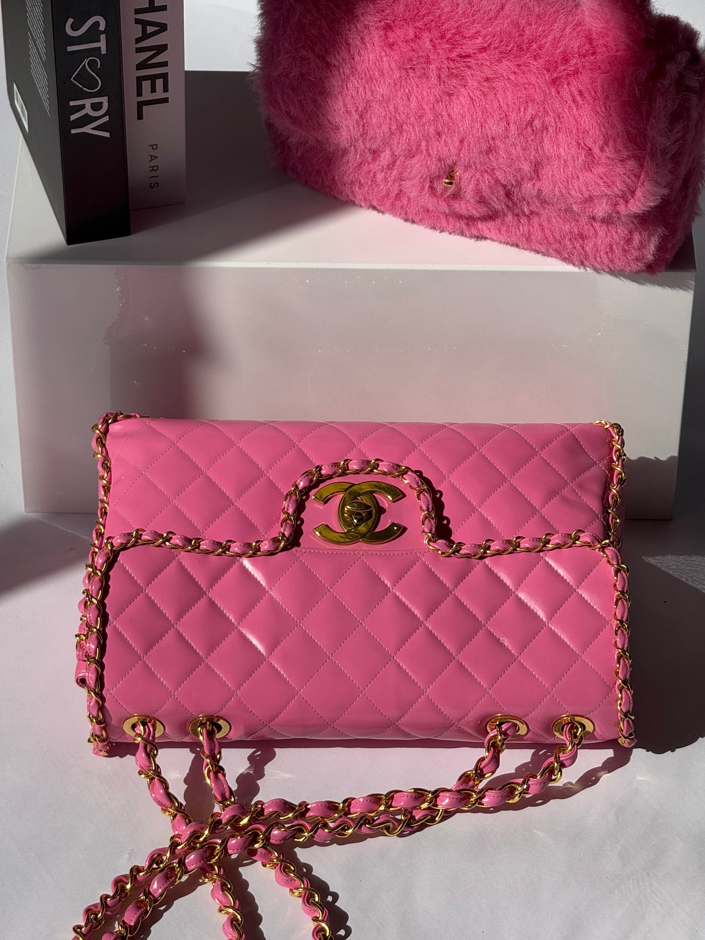 Chanel 1995 Jumbo Barbie Pink Chain Around Flap Bag