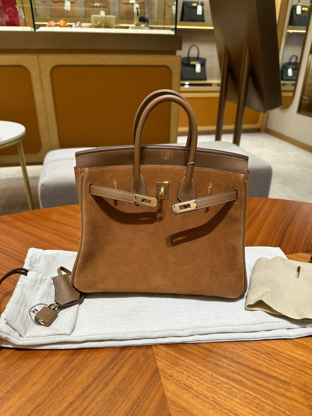 Hermès Birkin 25 Grizzly Alezan Suede and Swift Leather Permabrass Hardware 2021