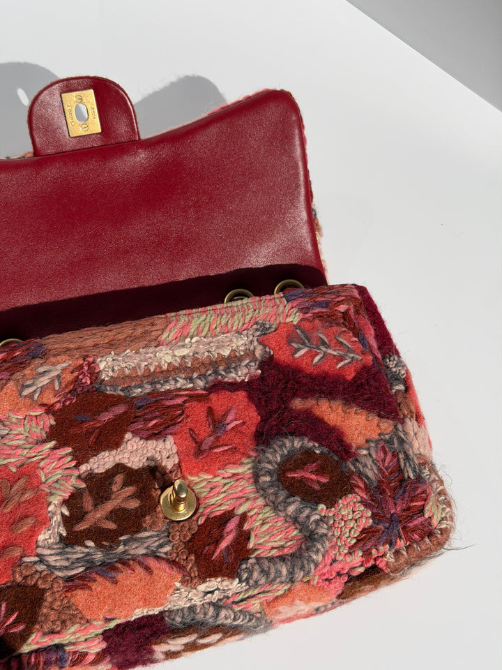 Chanel Embroidered Wool Medium Flap Bag Red Multicolor Gold Hardware 2018