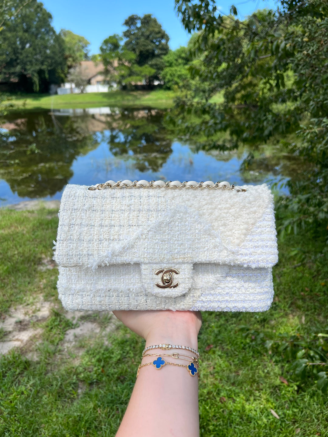 Chanel White Medium Tweed Patchwork Flap Bag