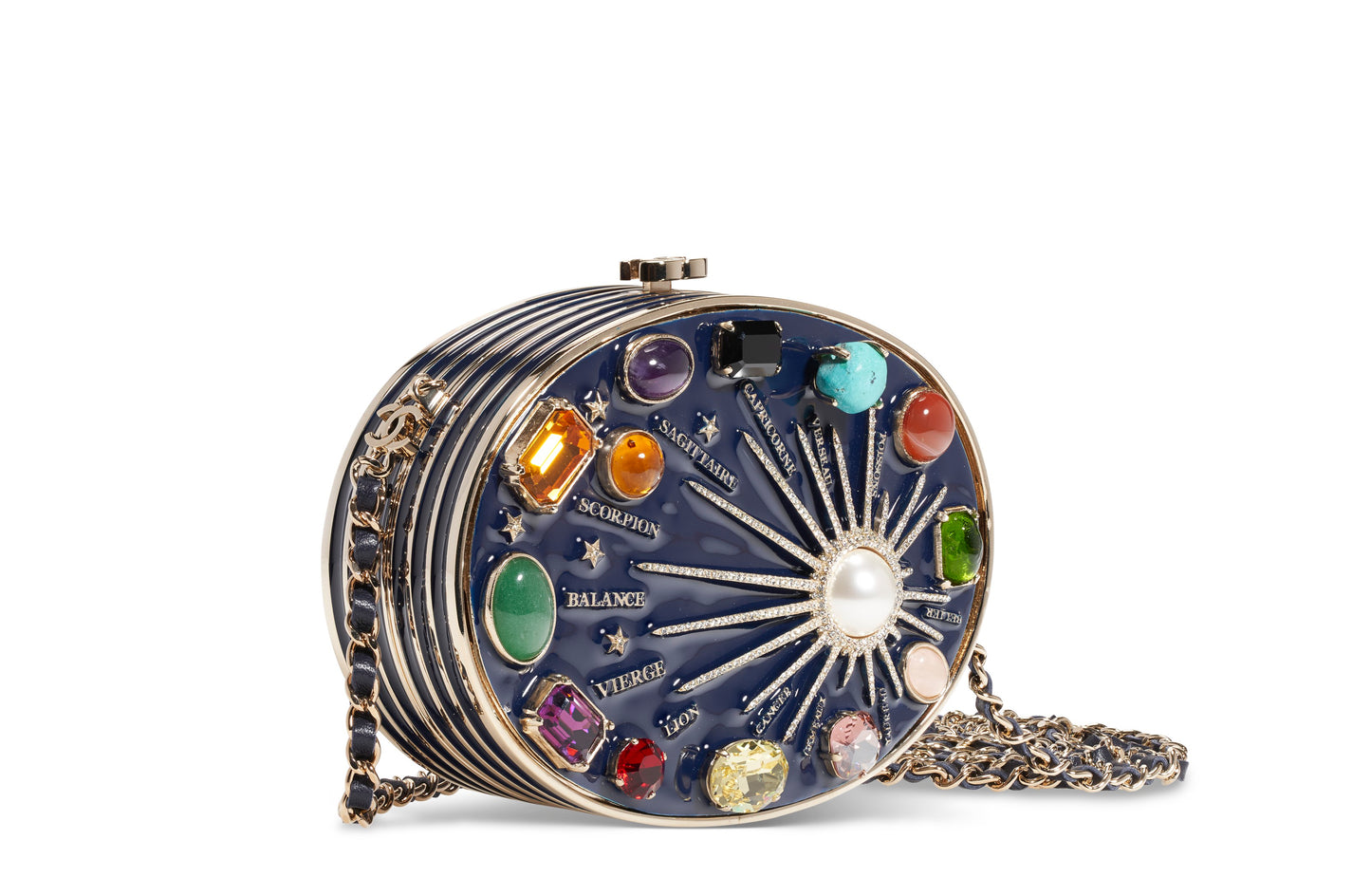 Chanel Navy Blue Horoscope Metal Gripoix Crystal Mini Minaudière Bag