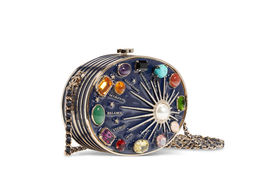 Chanel Navy Blue Horoscope Metal Gripoix Crystal Mini Minaudière Bag