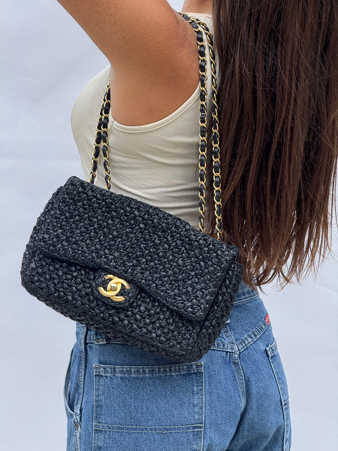 Chanel 18C Black Ancient Greece Raffia Crochet Flap Bag