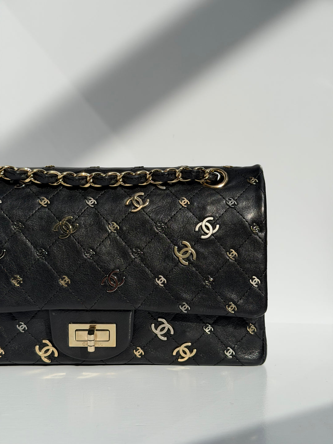 Chanel Medium Reissue 2.55 Flap Bag Black Leather Gold Hardware Punk Charms 2007