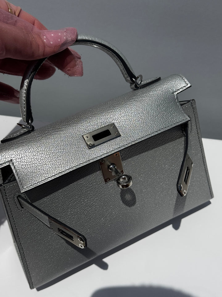 Hermes Mini Sellier Argent Silver Metallic Chevre Chamkilight Kelly 20