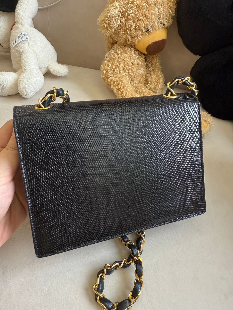 Chanel 1991 Black Lizard CC Envelope Flap Bag