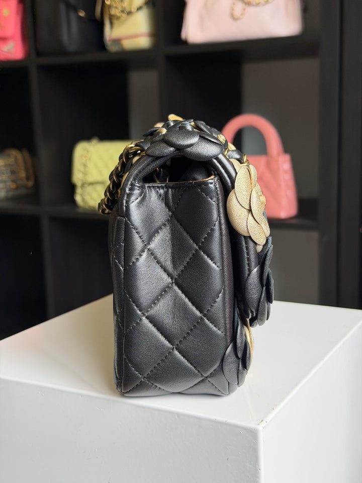 Chanel Metallic Gold and Black Lambskin Camellia Rose Appliqué Medium Flap Bag