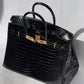 Hermes 18K Yellow Gold Diamond Black Porosus Crocodile Birkin 35