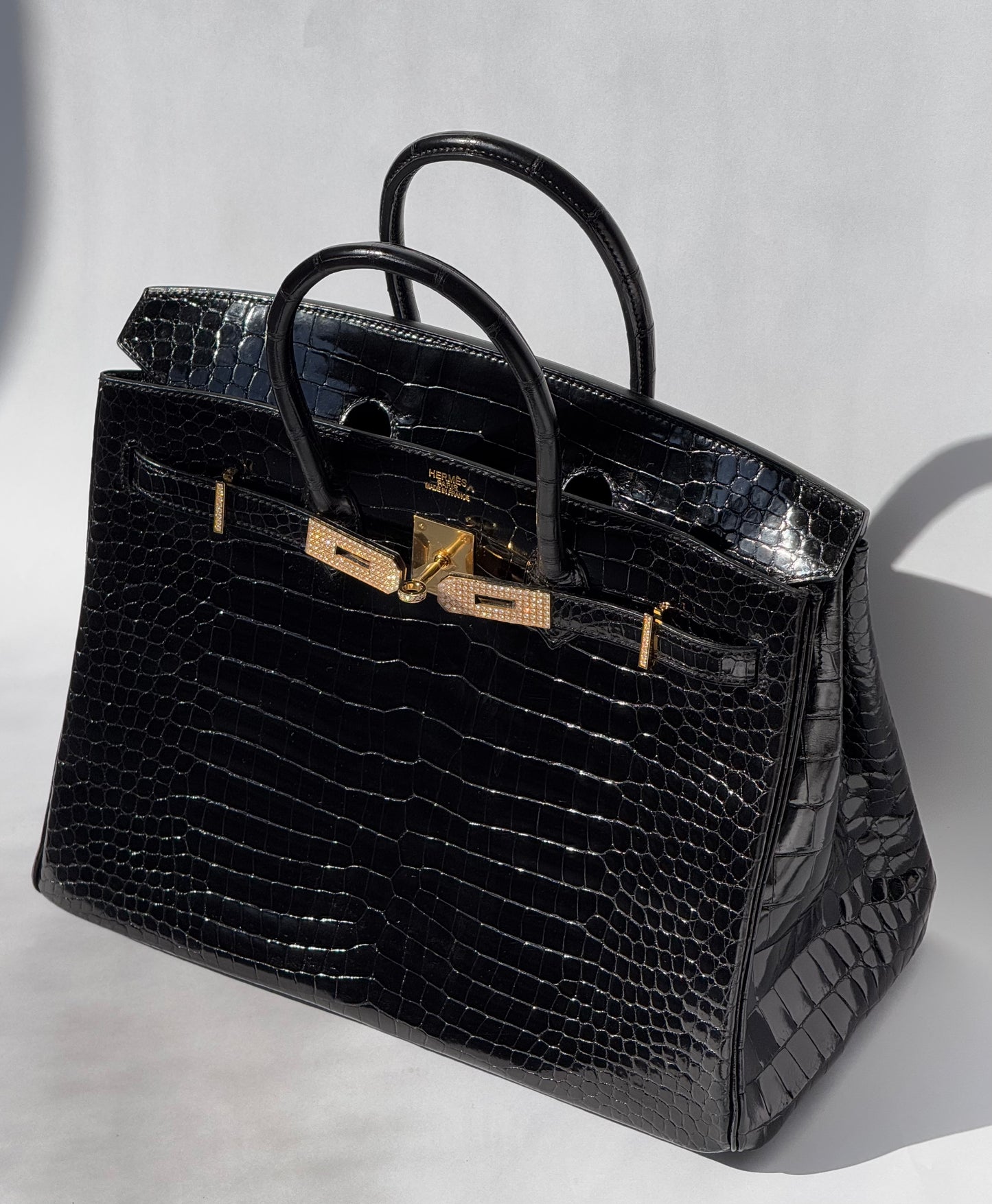 Hermes 18K Yellow Gold Diamond Black Porosus Crocodile Birkin 35