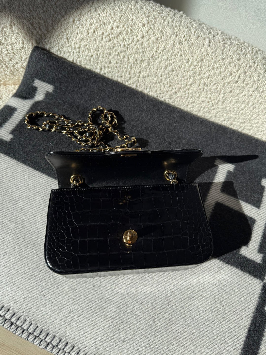 Chanel Mini Classic Flap Alligator Black Gold Hardware 2018