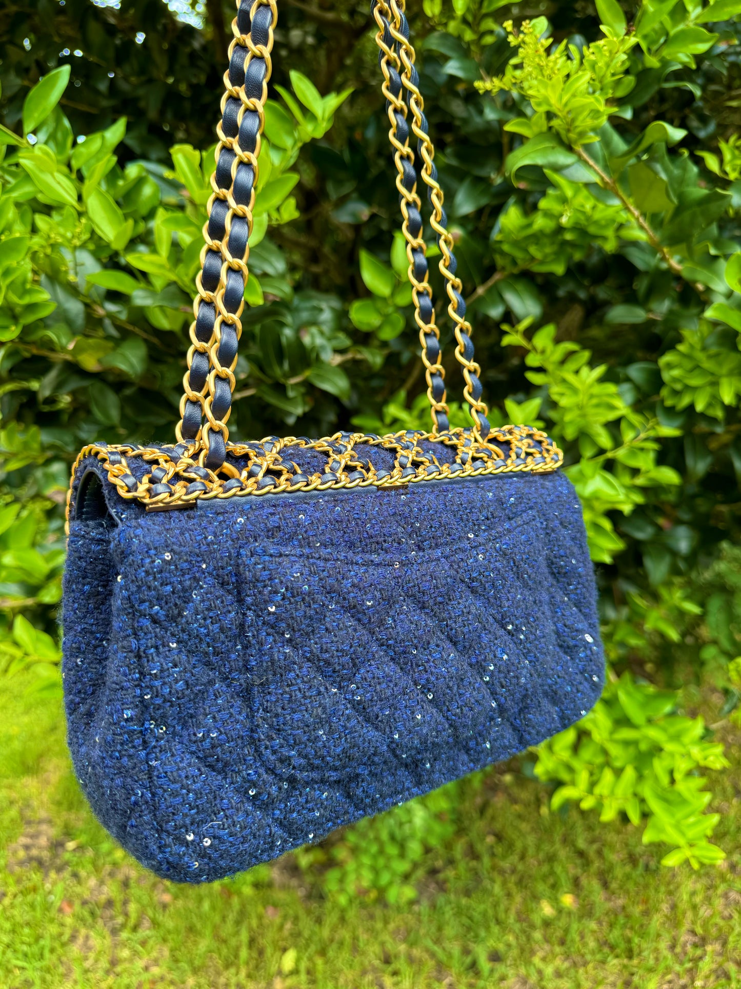 Chanel 2020 Small Woven Chain Blue Tweed Classic Flap