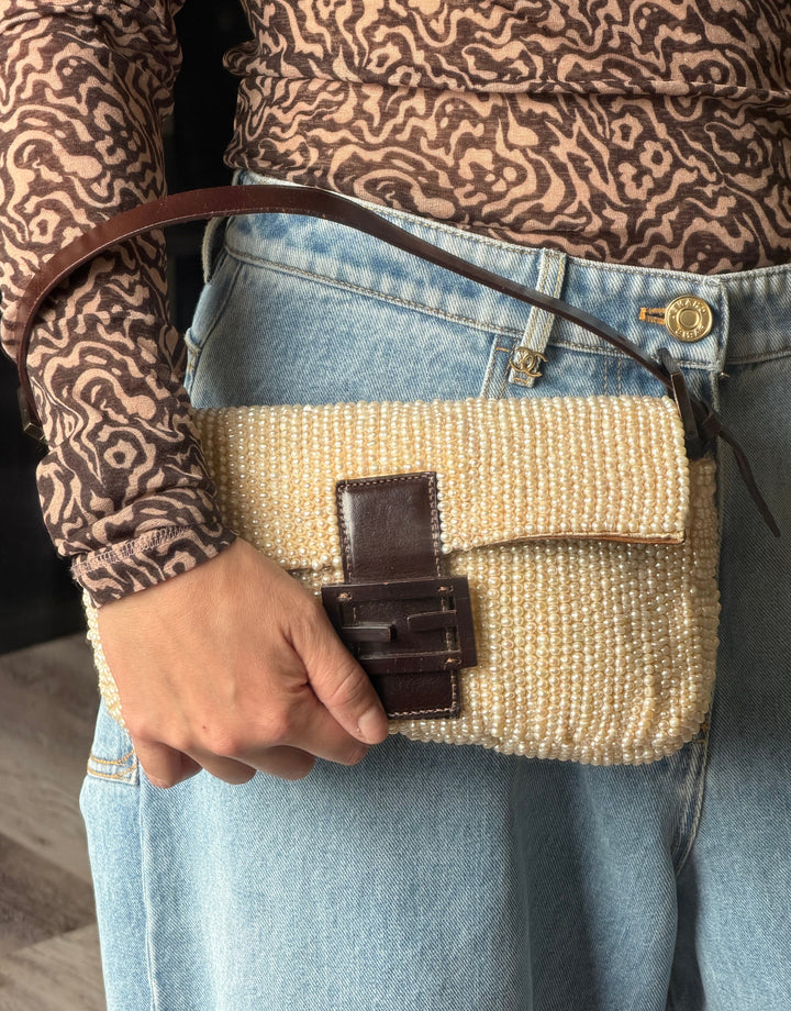 Fendi Pearl Embellished Baguette Brown Leather Trim Silver Hardware 2009