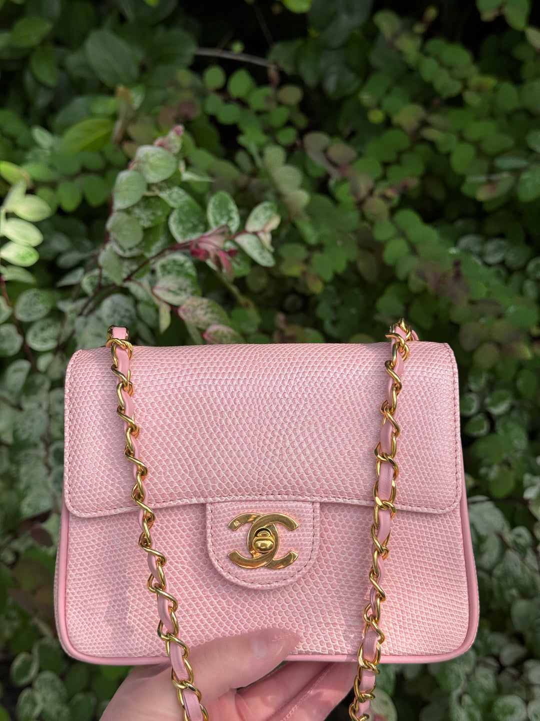 Chanel Sakura Pink Vintage Lizard Mini Square Flap Bag