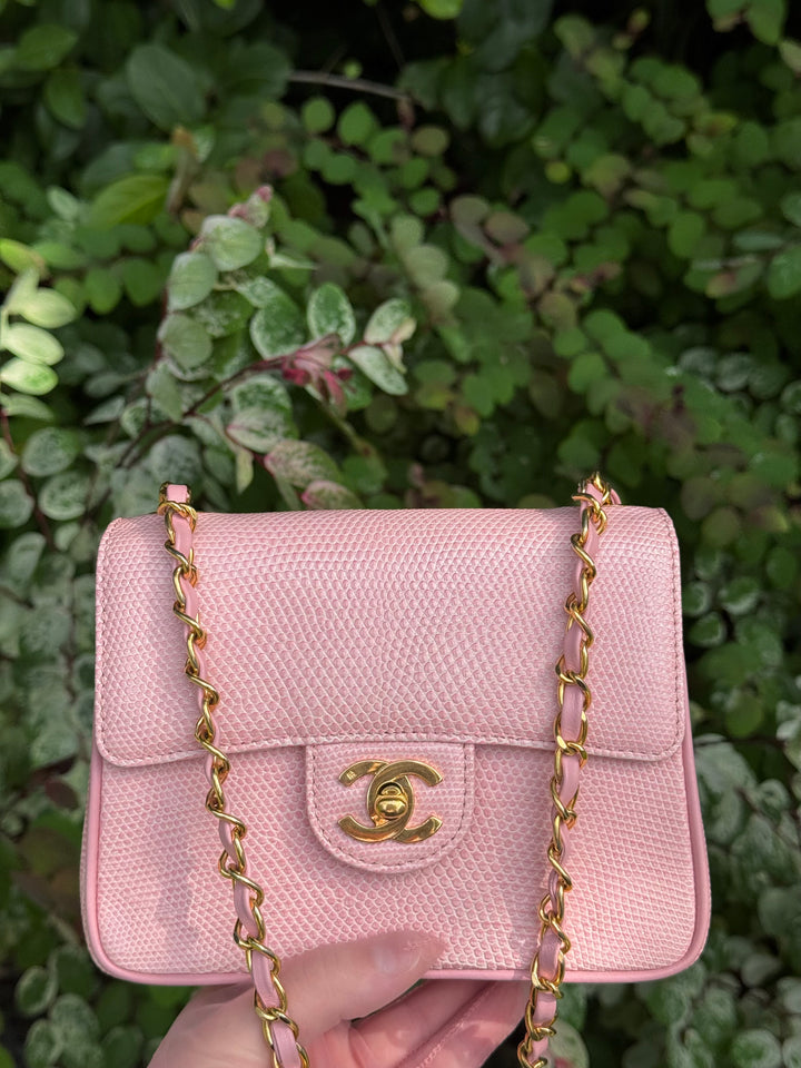 Chanel Sakura Pink Vintage Lizard Mini Square Flap Bag