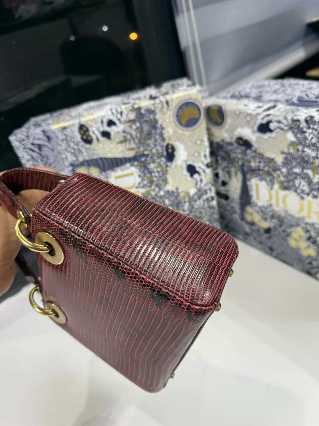 Christian Dior Lady Dior Mini Top Handle Lizard Burgundy Gold Hardware