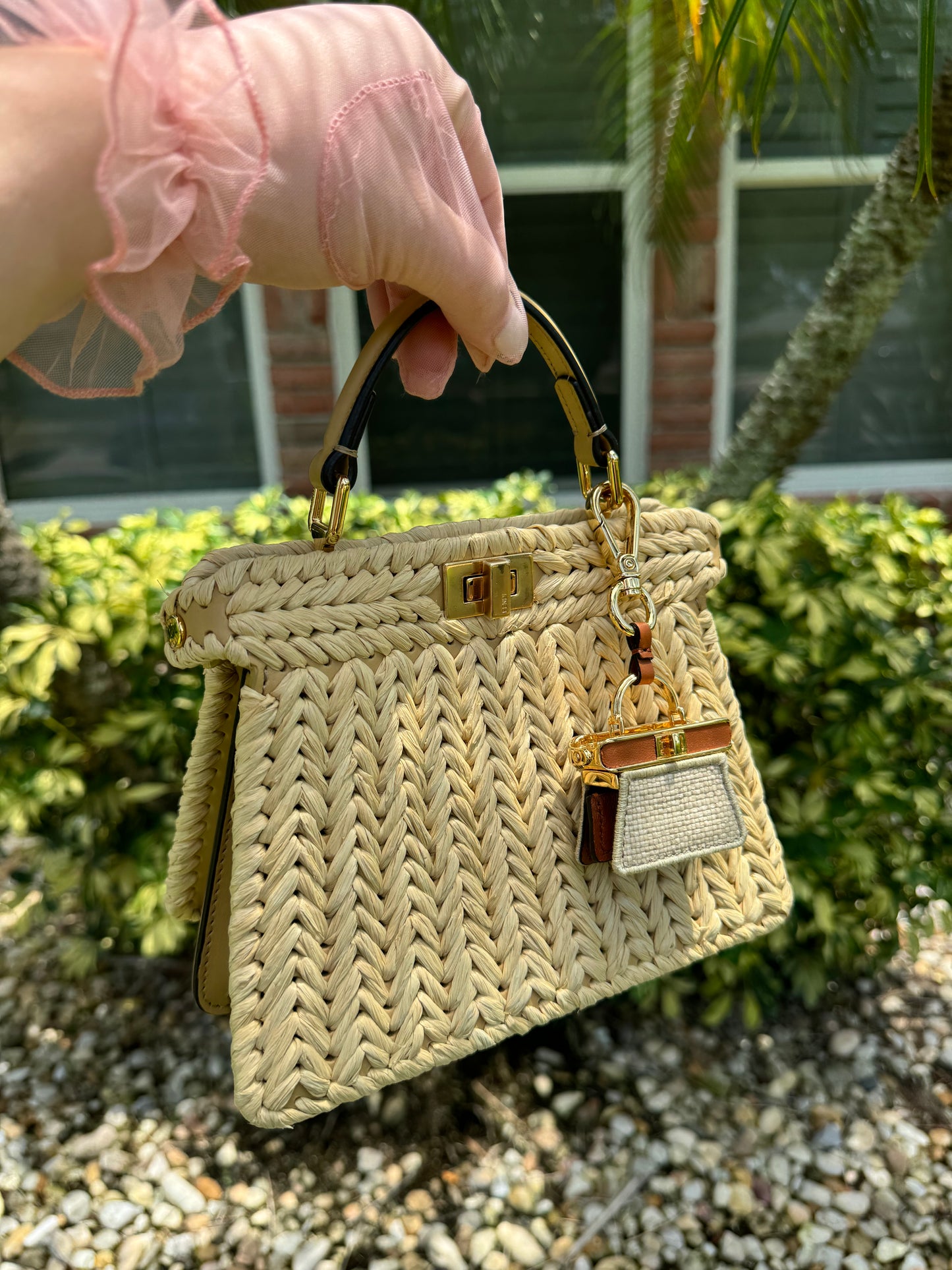 Fendi Peekaboo ISeeU Petite Sand Raffia Bag + Fendi Charm