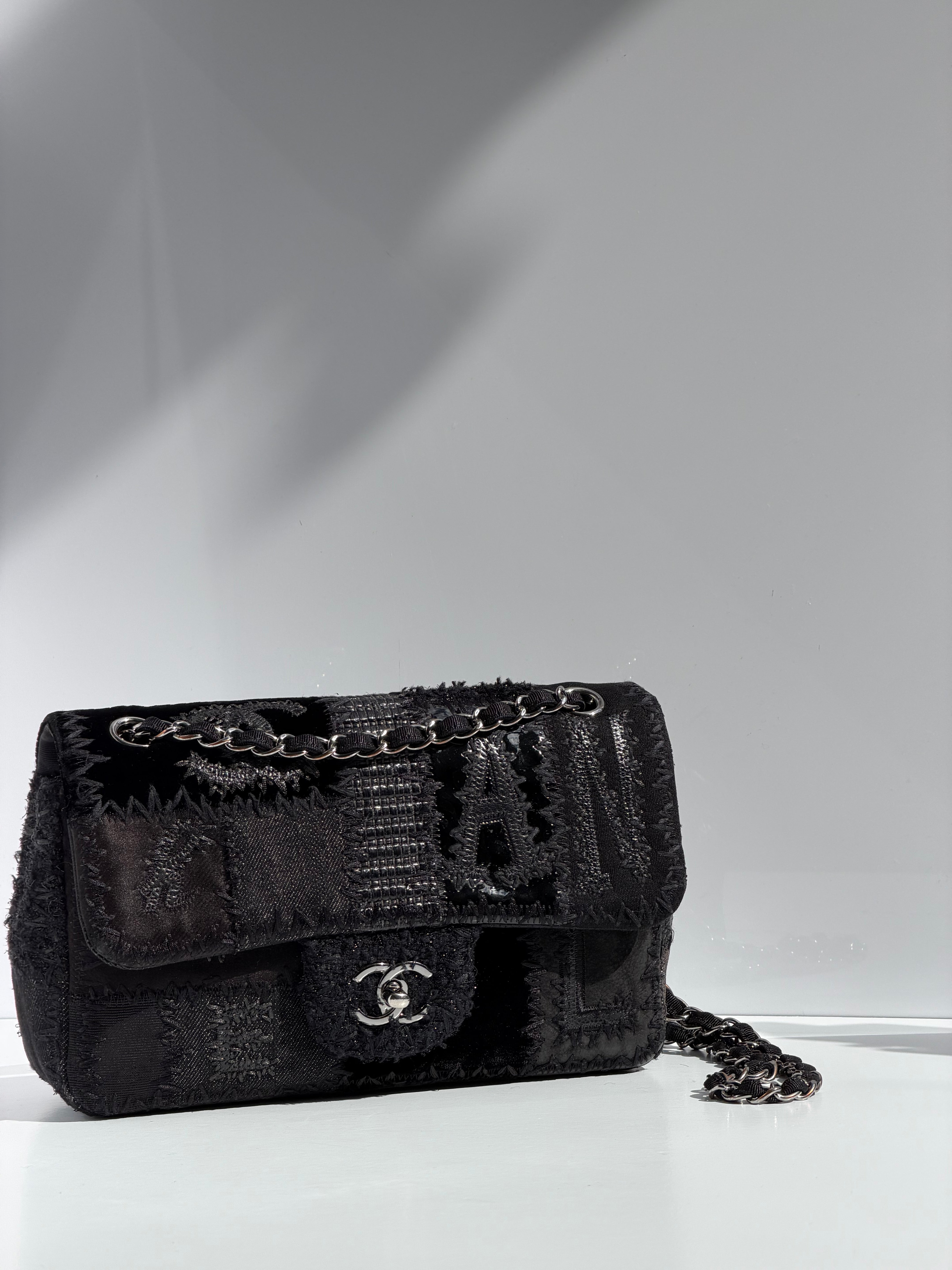 Chanel Black Patchwork Medium Single Flap Bag Silver Tone Hardware