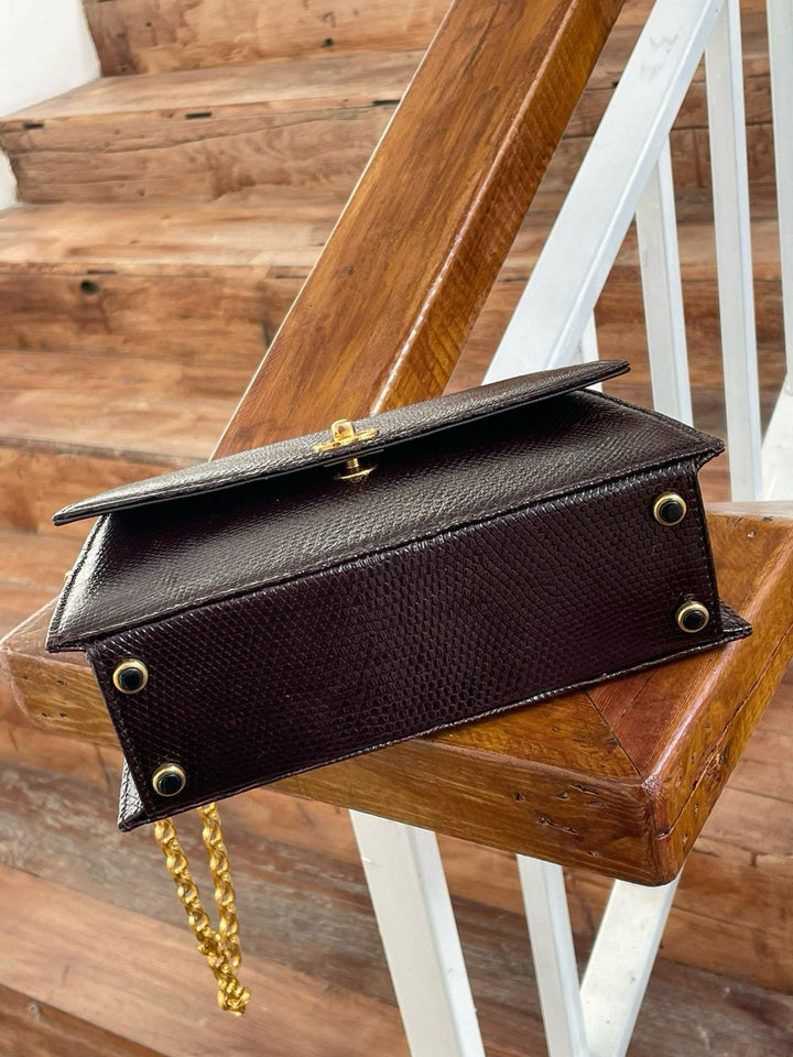Chanel Small Trapezoid Flap Bag Burgundy Lizard Leather Gold Hardware With Bijoux Chain 1989