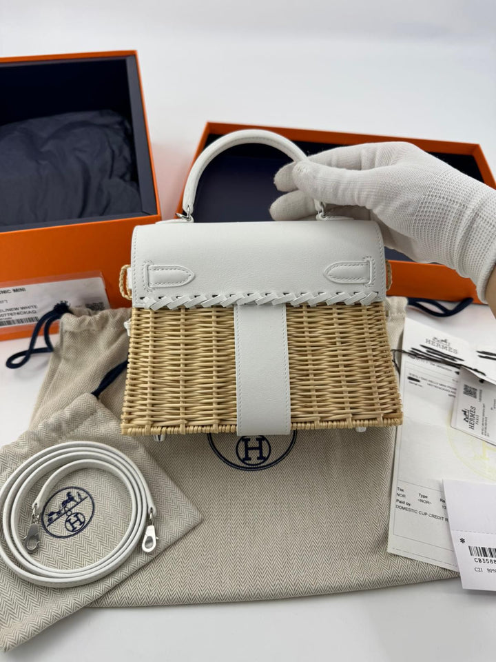 Hermès Mini Kelly Picnic Wicker New White Palladium Hardware 2023