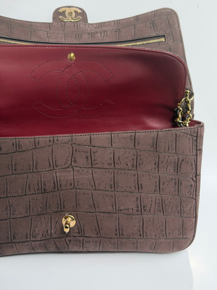 Chanel Maxi Flap Bag Brown Croc-Embossed Suede Calfskin Gold Tone Hardware 2026