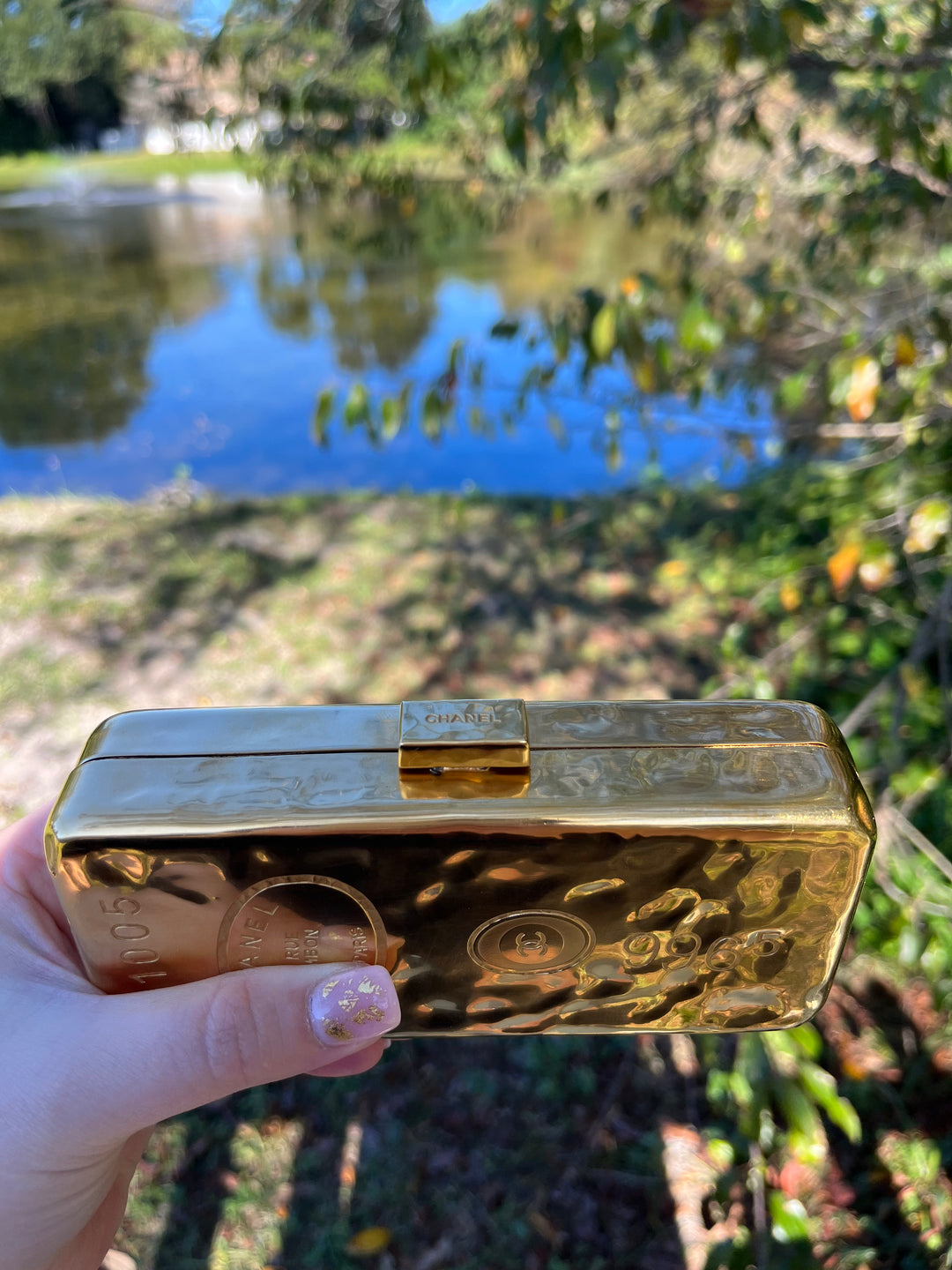 Chanel Hammered Gold Metal Bullion Bar Minaudière Clutch