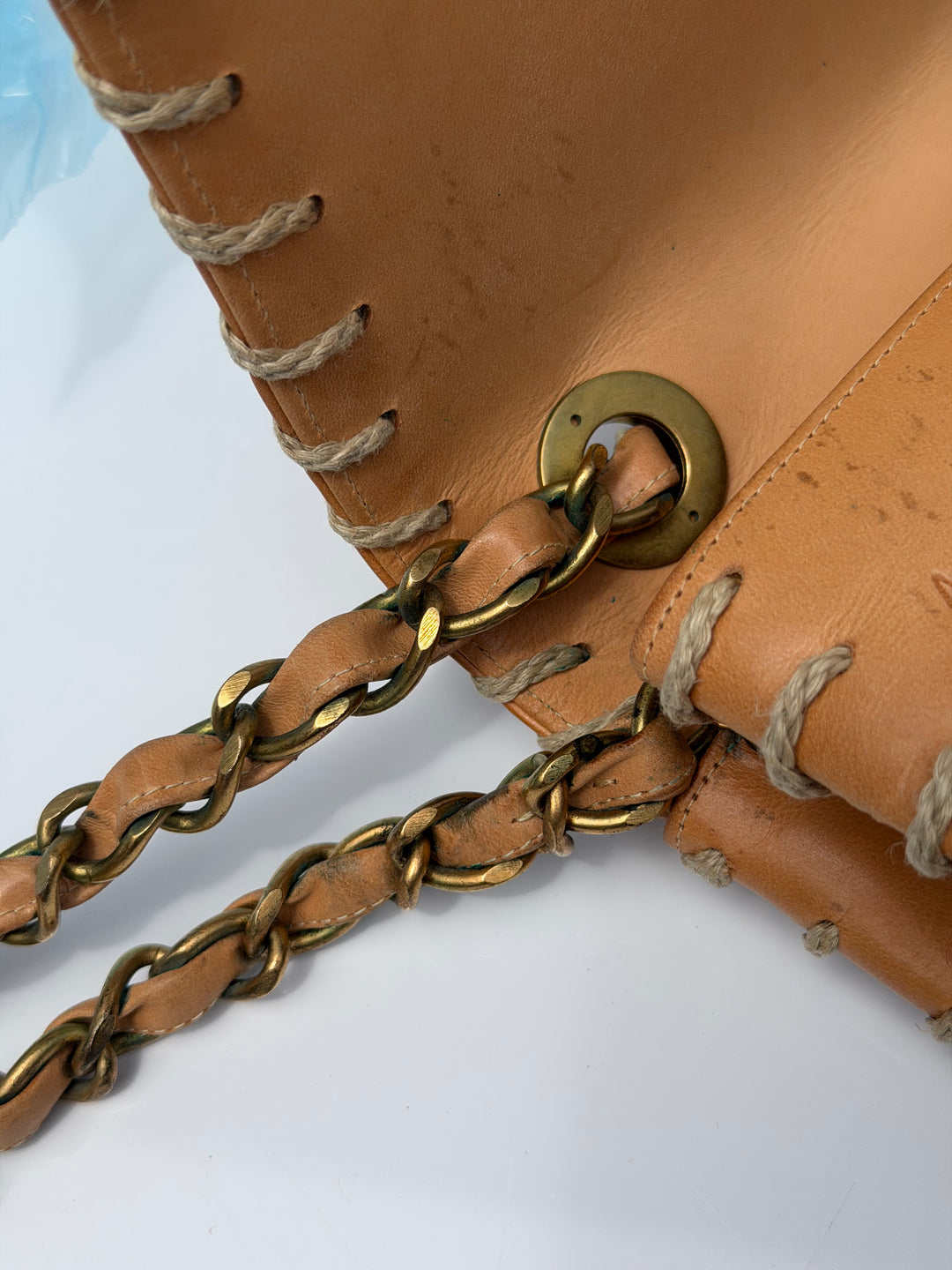 Chanel Jumbo Classic Flap Bag Tan Debossed Logo Calfskin Whipstitched Gold Hardware 1994