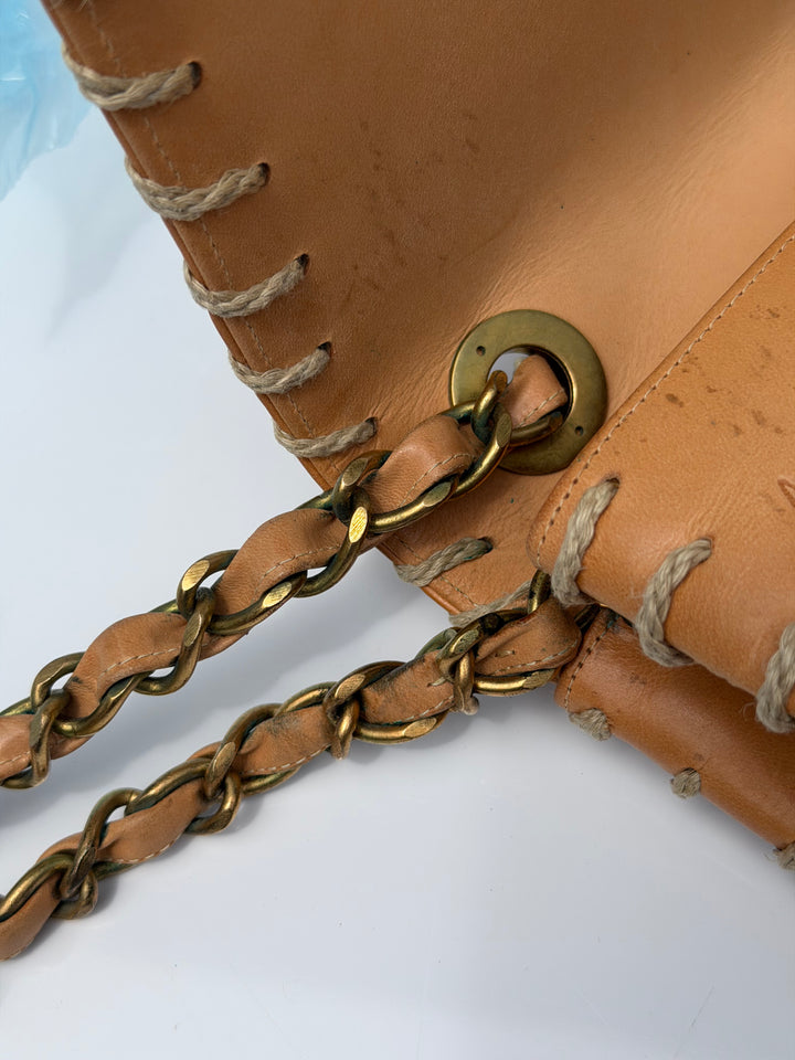 Chanel Jumbo Classic Flap Bag Tan Debossed Logo Calfskin Whipstitched Gold Hardware 1994