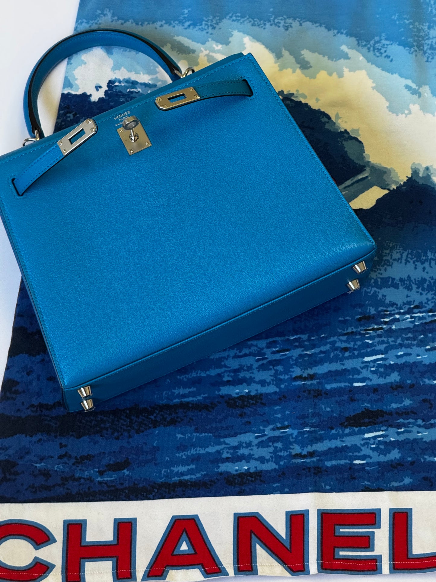 Hermes Bleu Frida Chèvre Kelly 25 Sellier