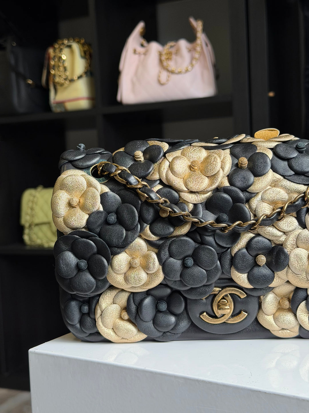 Chanel Metallic Gold and Black Lambskin Camellia Rose Appliqué Medium Flap Bag